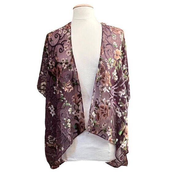 Floral Sheer Burnout Velvet Purple Open Front Kimono Cardigan By Lulla OSFM - Picture 1 of 8